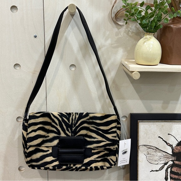 INC International Concepts Handbags - INC Vintage Tiger Faux Fur Shoulder Bag NWT Black Tan Gunmetal Tone Hardware